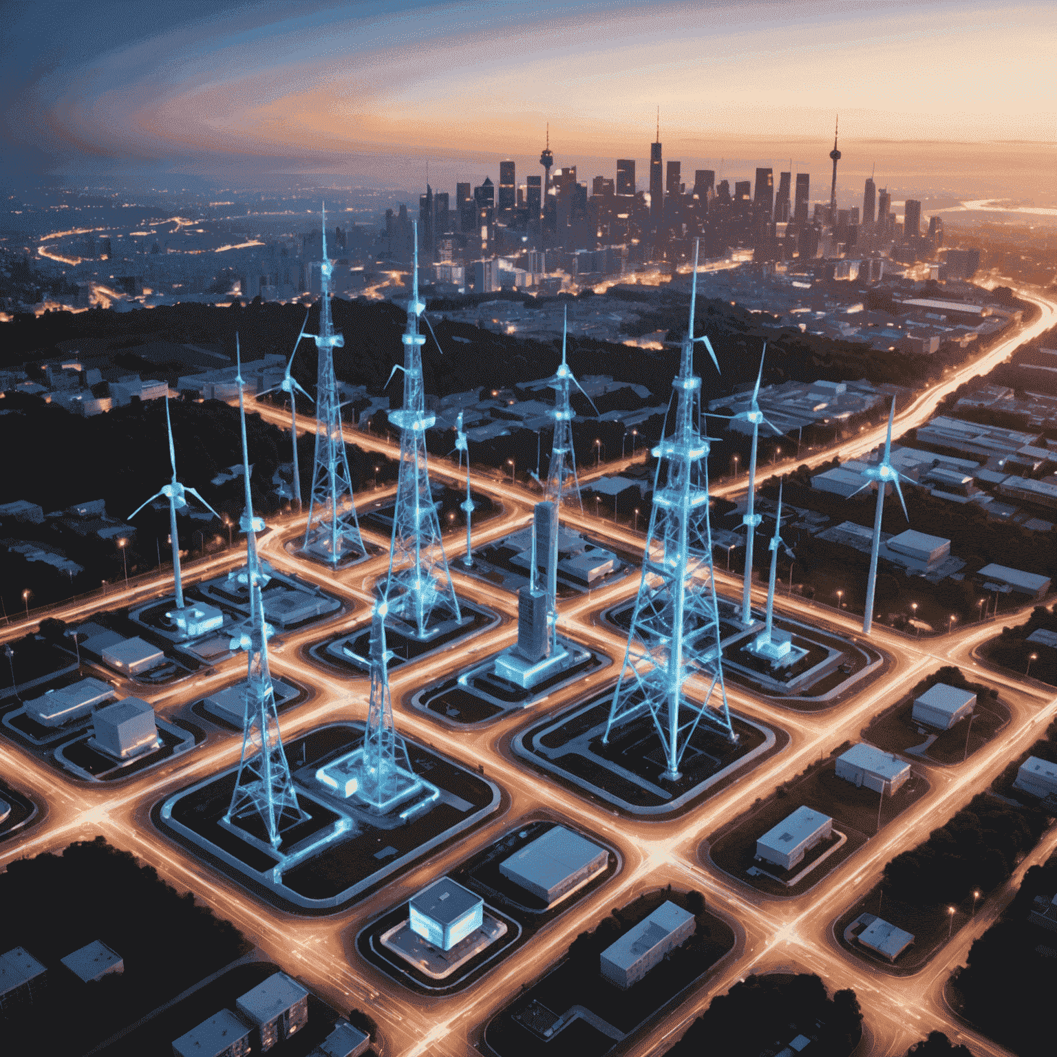 صورة توضيحية لشبكة 5G، تظهر أبراج اتصالات وأجهزة متصلة بسرعات عالية